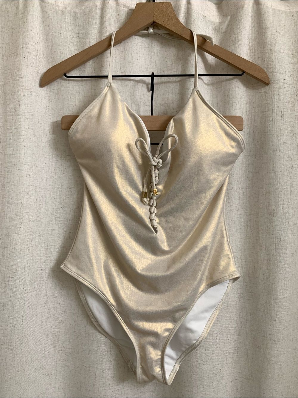 Uncommon | Sense Lace-Front One-Piece Swimsuit White Gold Shimmer Champagne Lg